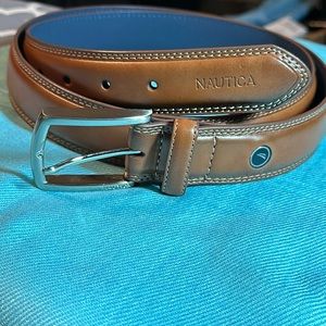 NWOT NAUTICA DOUBLE STITCHED COGNAC SADDLE TAN LEATHER BELT. Sz 44 Silver buckle